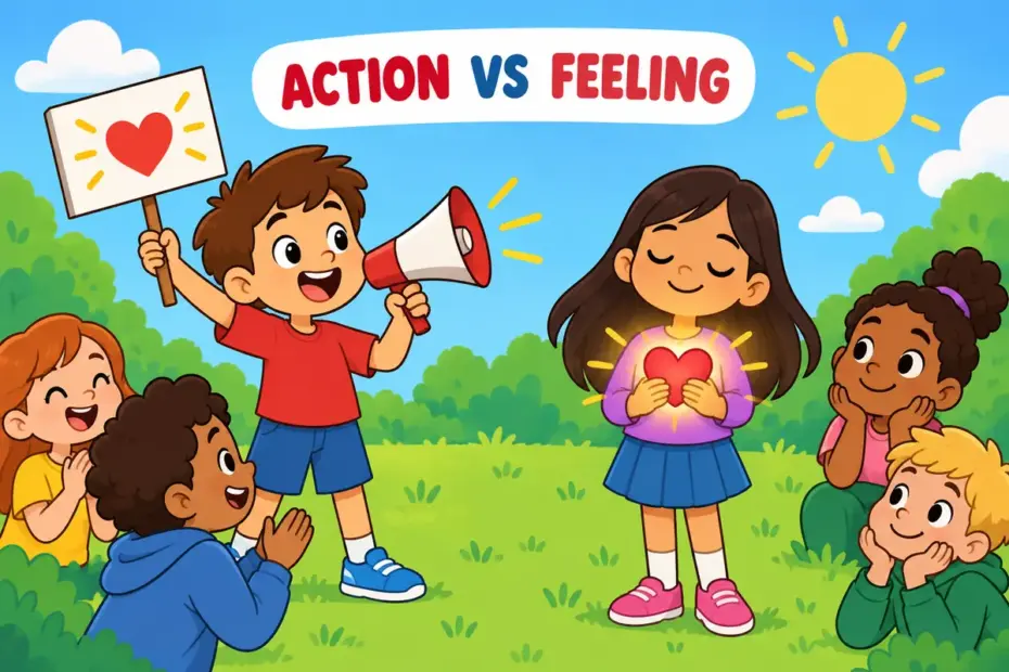 One unified cartoon scene contrasts a zealous child campaigning with a fervent child holding a glowing heart, teaching zealous vs fervent.