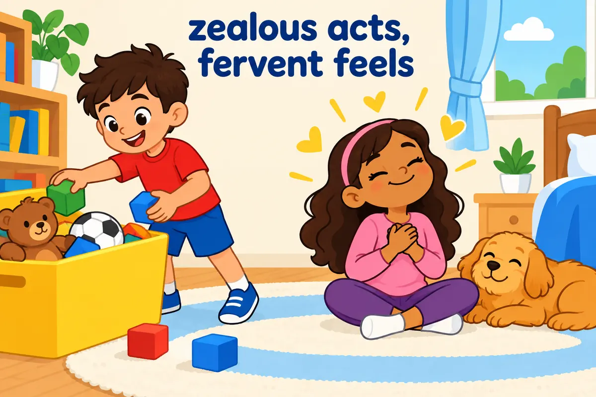 One unified cartoon scene illustrates Zealous points to action and fervent points to feeling, which decides the noun each word prefers.