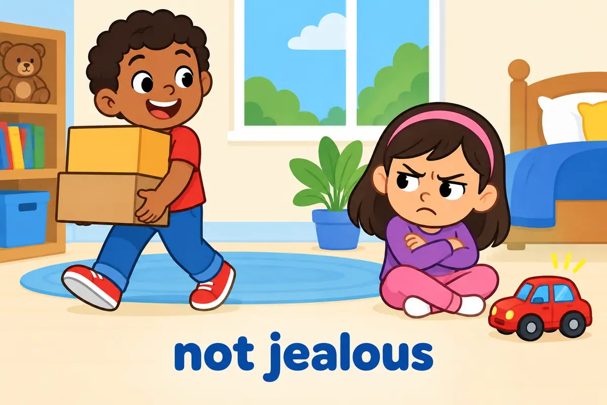 A single unified cartoon scene contrasts a busy zealous helper carrying boxes with a scowling jealous child eyeing a toy.