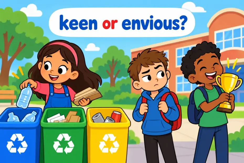 A single cartoon scene contrasts a keen child working for a cause with a child frowning at another child, teaching zealous vs jealous.