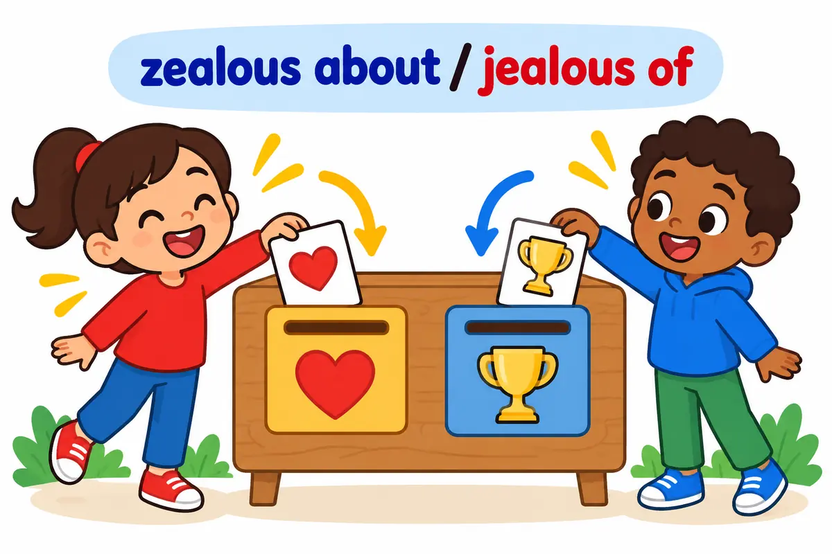 A cartoon board shows one child pointing to a cause with about and another pointing to a trophy with of.