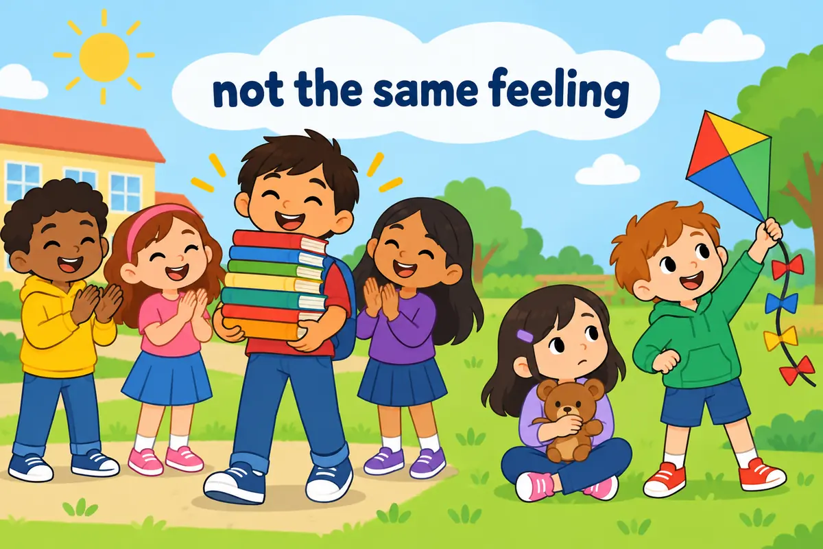 A single cartoon scene contrasts an admired keen helper with a scowling child who feels jealous of a friend.