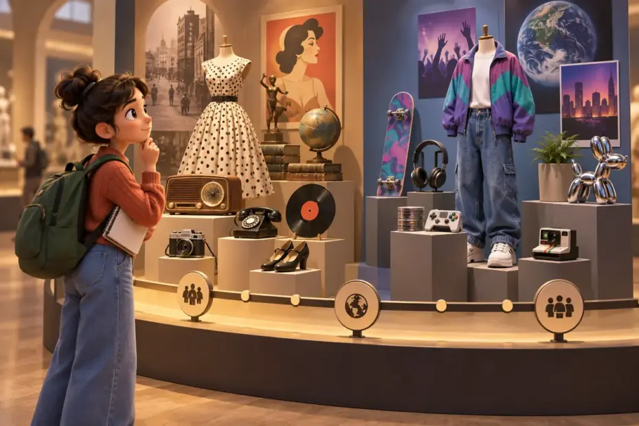 A student explores a museum display comparing objects and fashions from two different decades.
