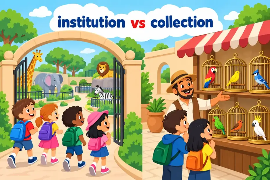 Cartoon visitors enter a public zoo while a merchant shows caged birds in a private courtyard, showing zoo vs menagerie.