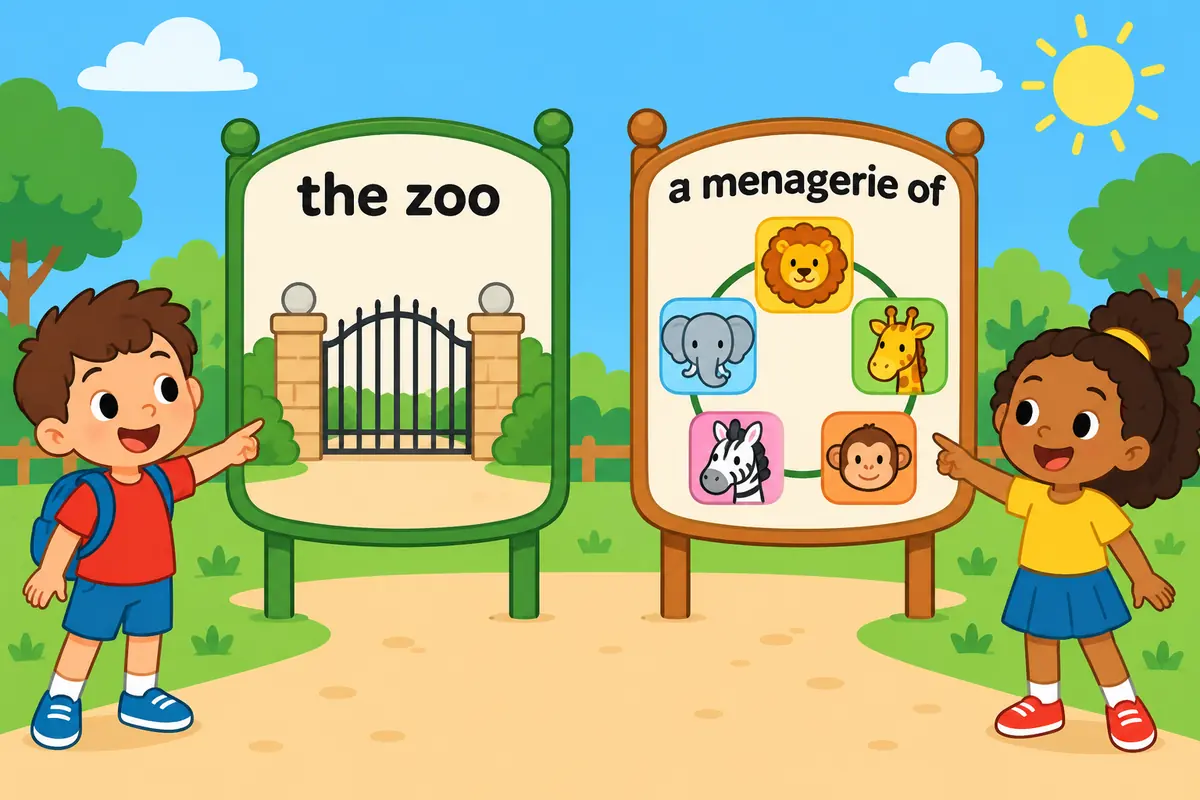 Two cartoon signposts show the zoo beside a single gate and a menagerie of beside a cluster of small animal pictures.