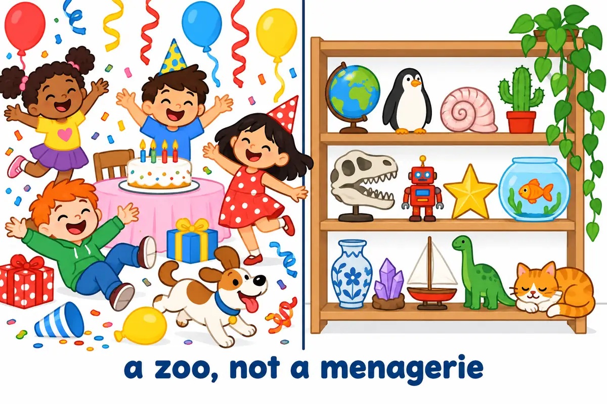 A cartoon split scene shows a noisy, messy party as a zoo on one side and a tidy display of odd objects labelled menagerie on the other.