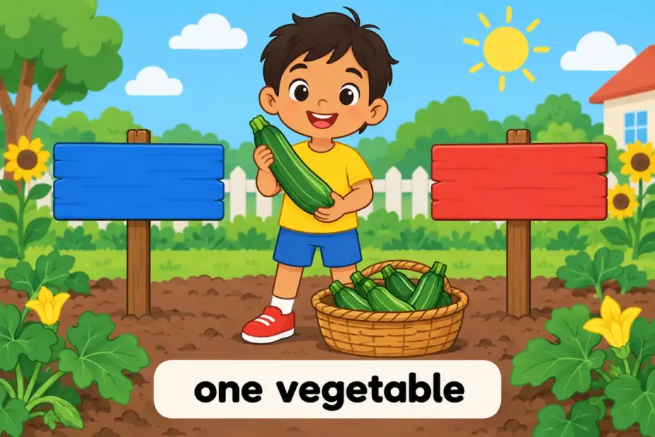 One cartoon green squash rests between two signposts, showing zucchini vs courgette as two names for the same vegetable.