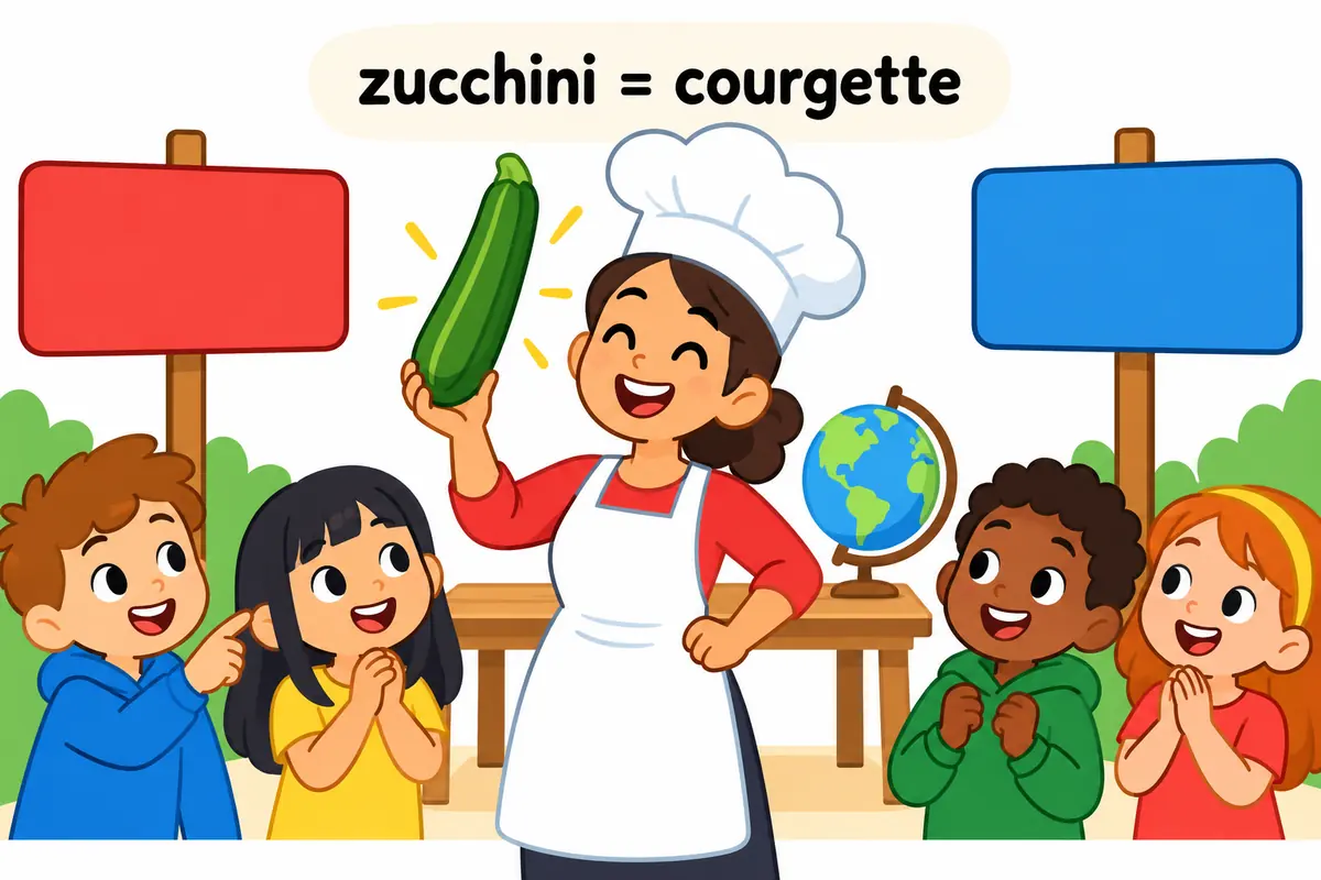 A cartoon cook holds one green squash beside two signposts, showing zucchini vs courgette as two names for it.