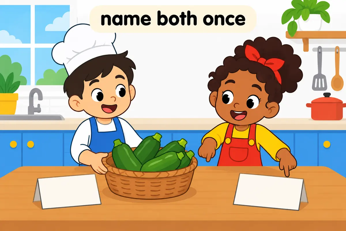 A cartoon cook labels one basket of squash with two cards, showing zucchini and courgette as one vegetable.